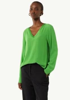Bluse mit V-Ausschnitt und Satinblende