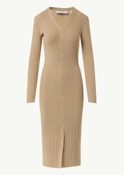 Geripptes Midikleid mit dekorativer Knopfleiste
