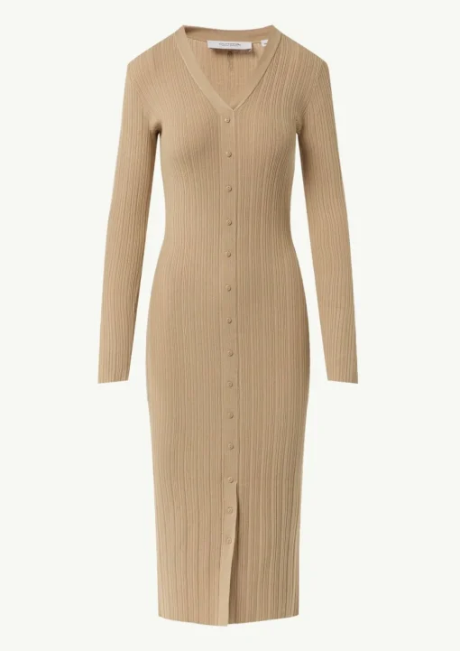 Geripptes Midikleid mit dekorativer Knopfleiste