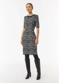 Strick-Kleid mit Zebra-Jaquard und Rippblende